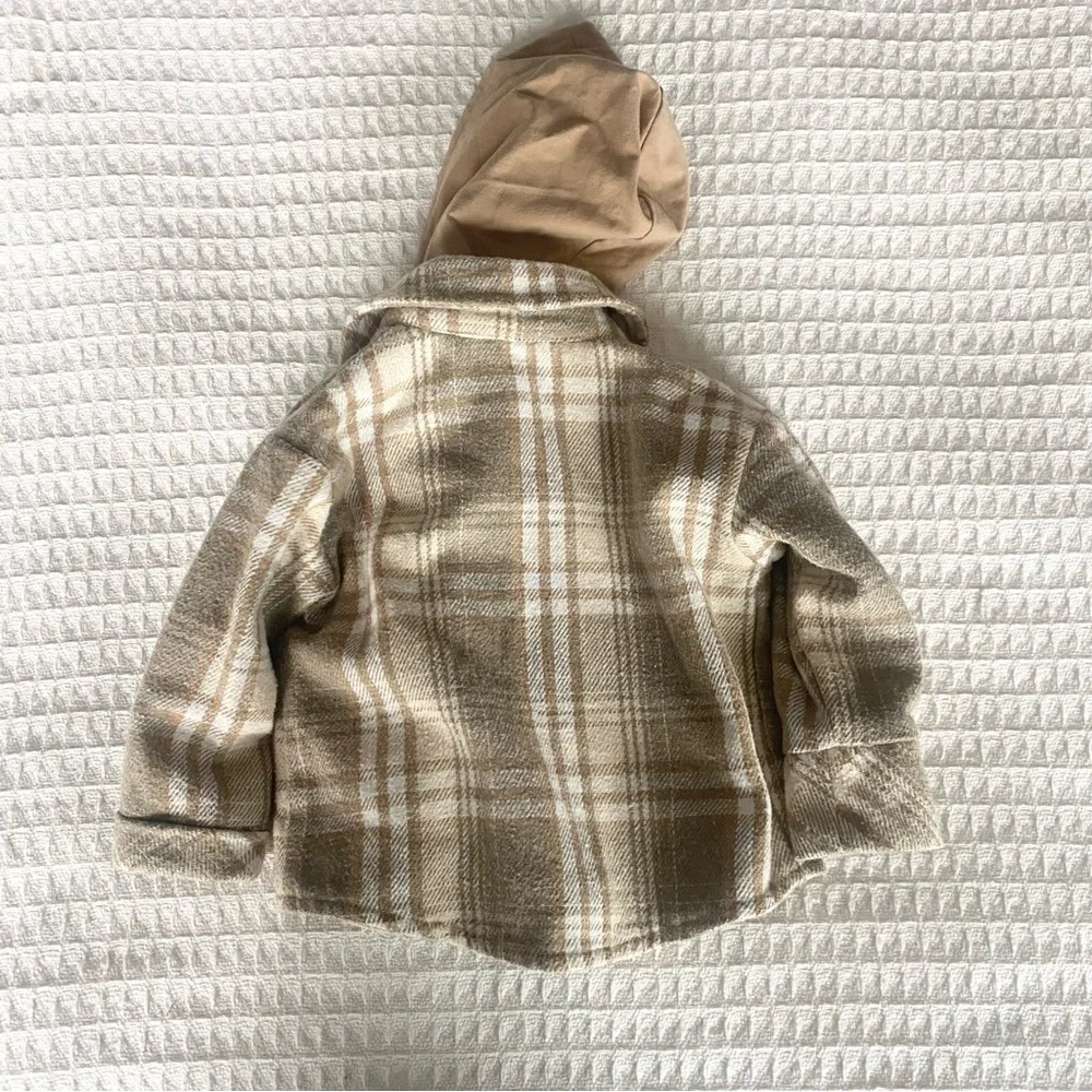 Babysprouts Plaid Hooded Shacket in Beige and Cream 6-12M